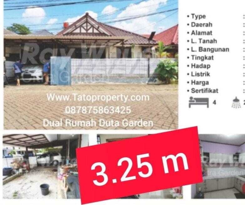 Rumahtato Jual Duta Garden 3.25 Miliar luas 300 meter 087875863425